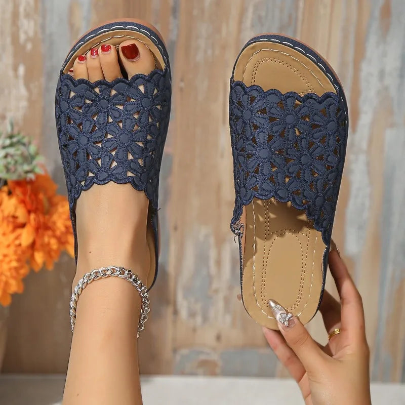 Summer Women's Slippers Casual Flower Hollow Wedge Beach Shoes Outdoor Fashion Comfortable Non-slip Sandals Plus Size 43